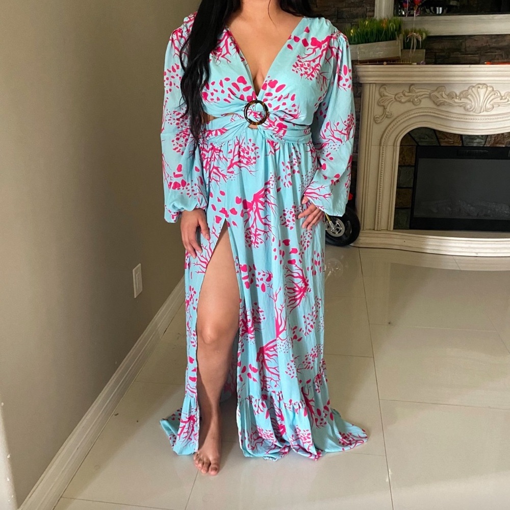 Teal Maxi Dress with Coral Floral Design - Picture 6 of 9